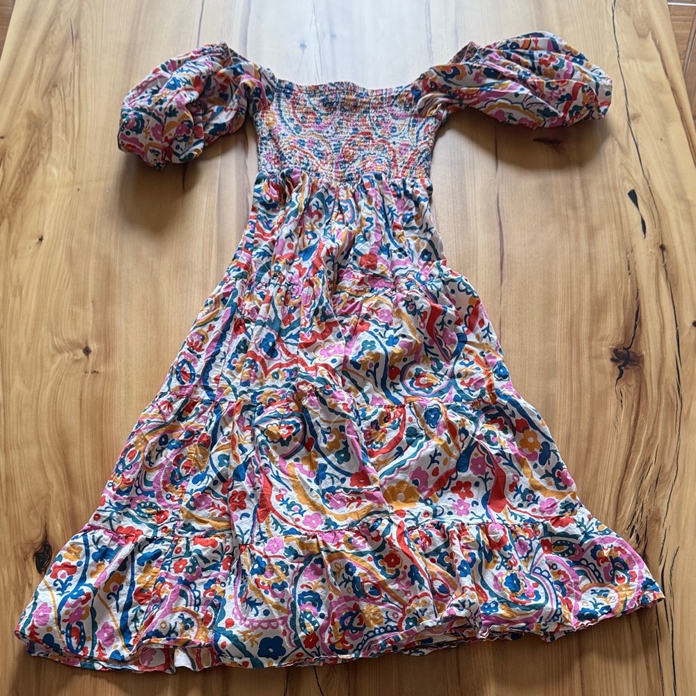 Floral Puff-Sleeve Smocked Midi Dress in Multicolor
